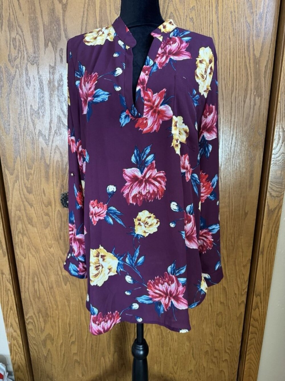 The Nines Womens Blouse Size 2XL Burgundy Yellow Blue Floral Long Sleeve